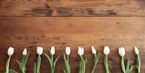 White tulips lined up on rustic wooden table &ndash; minimalist spring floral flatlay with copy space