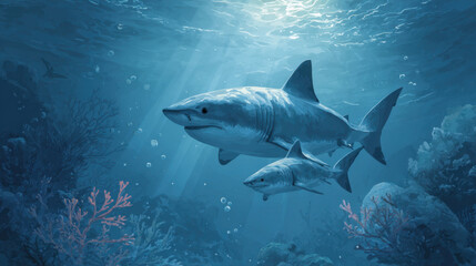 Obraz premium Underwater shark ocean marine life coral reef sea predator fish nature wildlife blue