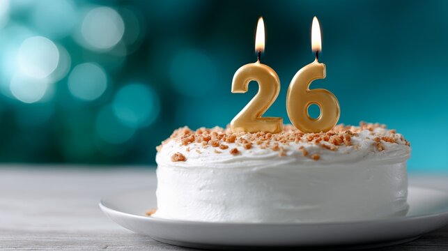 26th birthday cake with gold number 26 candles burning on white frosted cake on plate with teal bokeh background