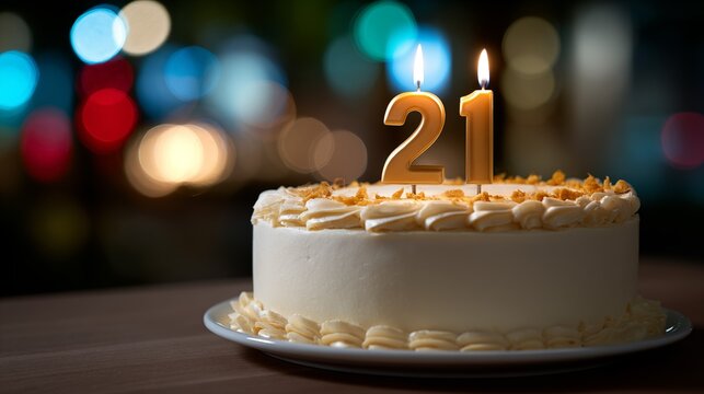 21st birthday cake with gold number 21 candle on white frosted cake on plate with colorful bokeh lights background