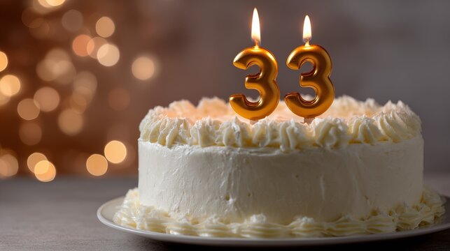 33rd birthday cake with gold number 33 candles burning on white buttercream frosting with warm bokeh lights background