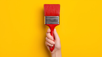 Hand holding a red paintbrush against a solid yellow background – vibrant creative concept for art supplies, DIY projects, painting tools and modern advertising design