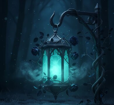Gothic Vintage Lantern in Dark Misty Forest with Teal Glowing Light