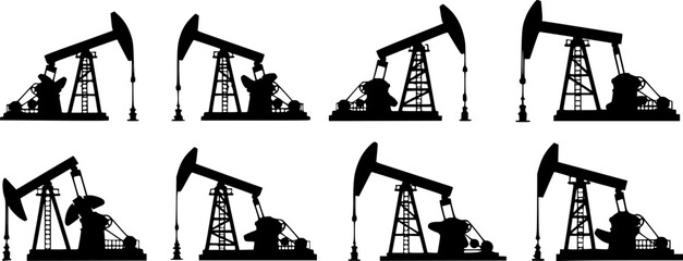 Set of Pumpjack Outline vector illustration isolated On Transparent Background
