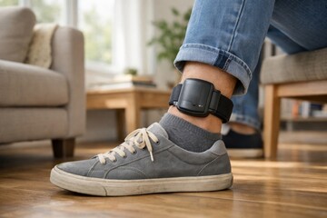 A close-up of a man's ankle showcasing an electronic monitoring device while he wears casual clothing in a cozy living room.
