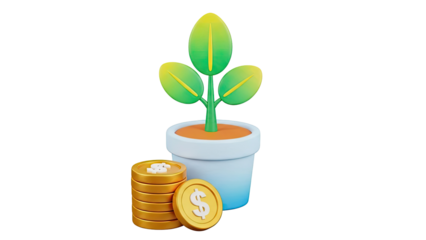 Plant growing from pot next to stack of gold coins with dollar signs