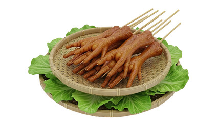 Cooked Chicken Feet Skewers on Woven Bamboo Tray with Cabbage