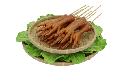 Cooked Chicken Feet Skewers on Woven Bamboo Tray with Cabbage