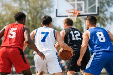 Obraz premium Intense basketball match featuring four male players in colorful jerseys battling for the ball under the sunlight.