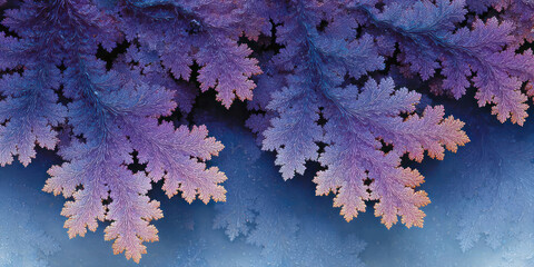 An abstract fractal pattern reminiscent of frosty branches or hoarfrost crystals, executed in a cool palette of violet, lilac, and blue hues.  