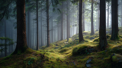 Misty forest with tall trees and mossy ground