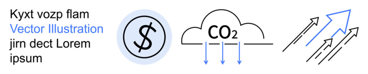 Obraz premium Environmental economics, sustainability, energy flow, climate change, emission reduction, carbon tracking. A dollar sign, a CO2 cloud and directional energy arrows. Environmental economics