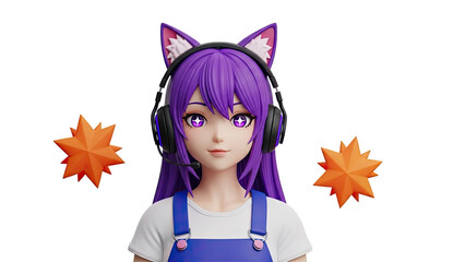 3D Anime Girl with Cat Ears and Headphones