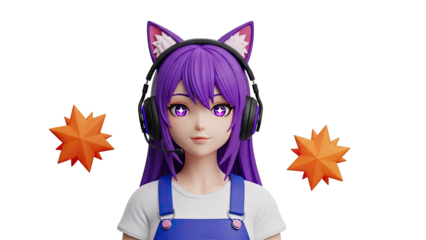 3D Anime Girl with Cat Ears and Headphones