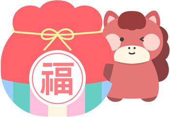 2026 새해 설날 명절 붉은 말 붉은 말의 해 병오년 복주머니를 안고 있는 붉은 말 일러스트