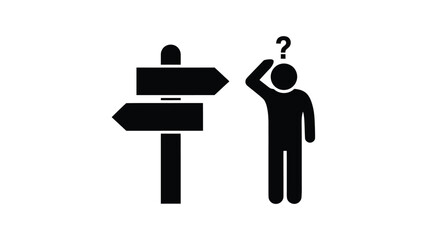 A stick figure contemplates a directional signpost expressing confusion and uncertainty © ASK_Studio