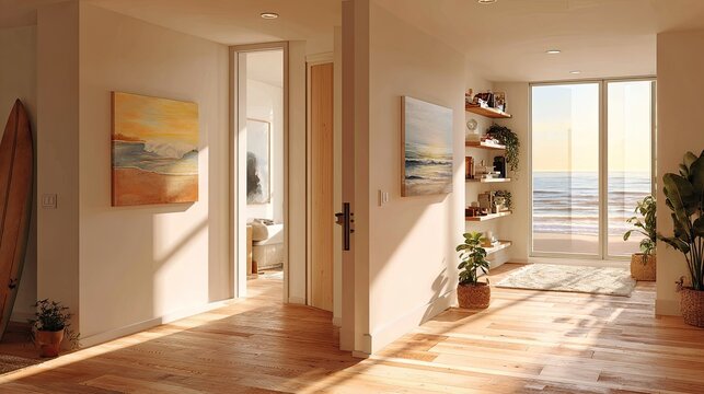 Bright interior hallway connects to a sunlit room overlooking an ocean view