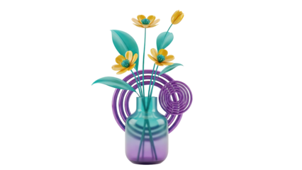 Stylized floral arrangement in a gradient vase with abstract purple elements