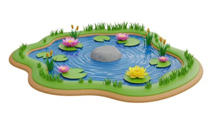 Stylized Pond with Water Lilies and Cattails
