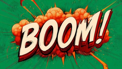 Comic style explosion with bold boom text on green background. - Powered by Adobe