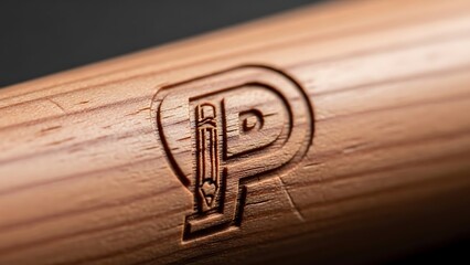 Macro Close-up of Engraved Letter P Pencil Logo on Smooth Wood Surface