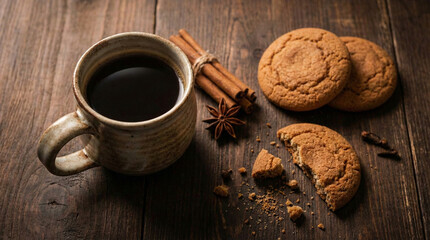 Homemade oatmeal cookies with black coffee mug and cinnamon sticks on rustic wood