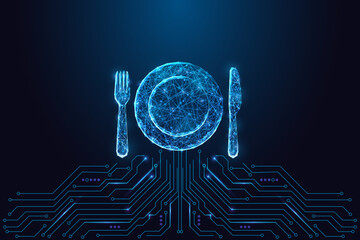 Food Technology Concept. Digital Plate and Cutlery with Smart Nutrition and AI Diet Vector Art