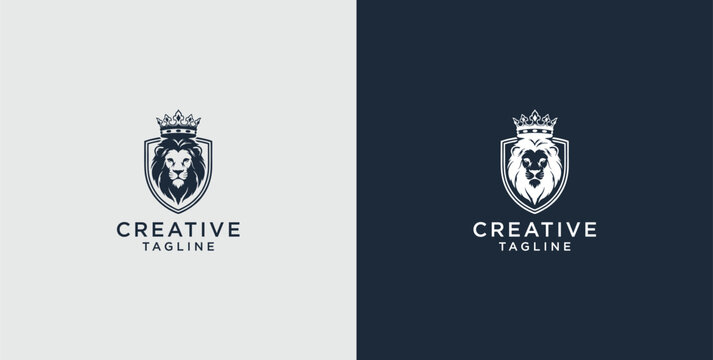 Lion head shield logo icon. Royal crown badge symbol. Premium royal animal sign. Vector illustration.