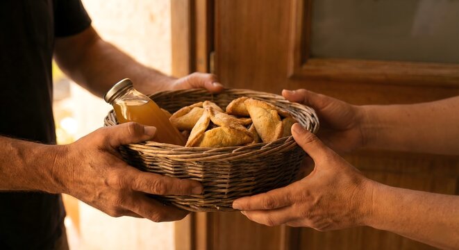 Neighbors exchanging a rustic gift basket of unbranded pastries for Purim