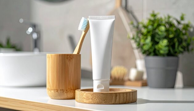 White blank toothpaste tube and bamboo toothbrush in a bathroom, highlighting natural hygiene products on a clean white vanity.