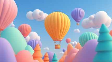 Naklejka premium Colorful Hot Air Balloons Float in the Clear Sky Above Pastel Mountains During a Spring Festival Celebration