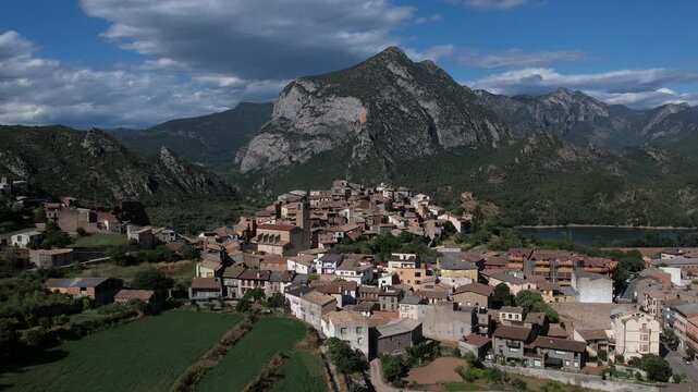 Aerial drone footage of Coll de Nargo town in Catalonia, Spain. High quality 4k footage