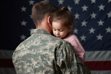 Father soldier uniform embrace daughter patriot flag military parent homecoming hug camo jacket love bond child girl family reunion American flag backdrop emotion