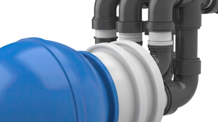 Blue and White Sphere Connected to Gray Pipes