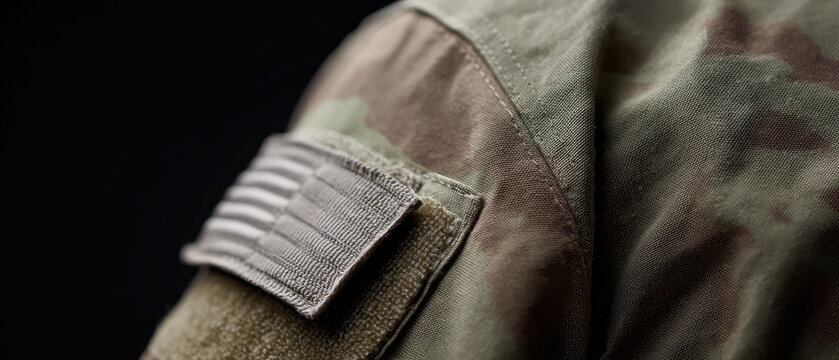 American flag patch camouflage sleeve military uniform tactical fabric close up velcro panel field jacket patriotic symbol rugged texture dark background with mood