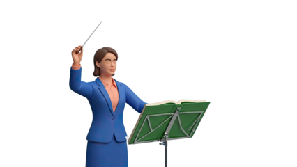 Female orchestra conductor leading with baton and music stand