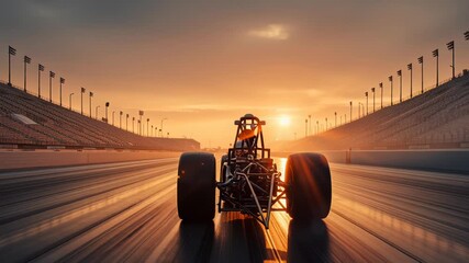 Top fuel dragster racing car, drag race Race car speeding down the racetrack during a vibrant sunset.