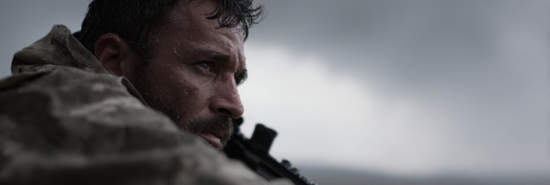 Tired soldier rain camouflage rifle mud storm beard profile grit endurance wet gear determination combat fatigue hardship overcast battle veteran focus resilience