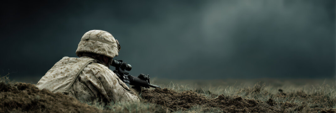 Sniper soldier camouflage rifle scope helmet uniform prone trench battlefield sniper soldier camouflage rifle scope helmet uniform prone trench battlefield stormy sky with moody tension during