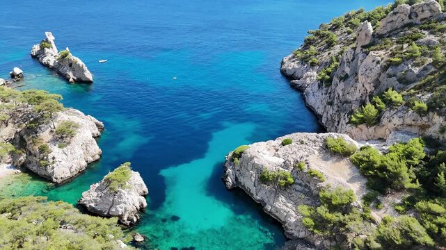 Vue a&eacute;rienne cin&eacute;matique par drone des Calanques de Marseille et Cassis, falaises de calcaire et eaux turquoise. 