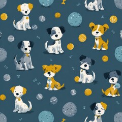 Fototapeta premium Fun Puppy Pattern Featuring Various Breeds of Puppies Playing With Balls and Bones in Bright Colors for Kids Rooms and Pajamas