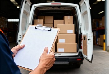 A person holds a clipboard while facing the back of a delivery van loaded with cardboard boxes in a logistics hub.