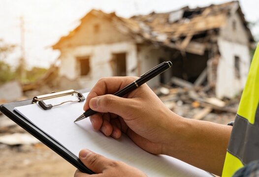 Hand writing on a clipboard, assessing the damage of a heavily ruined house in the background, post-disaster.