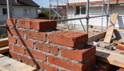 Detail shot of freshly laid red bricks and mortar on a construction site, with scaffolding and wooden elements visible.