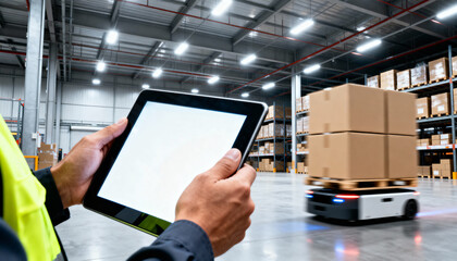 Warehouse worker uses a tablet to monitor an autonomous mobile robot transporting boxes in a modern logistics center.