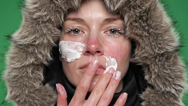 Close Up of Caucasian Woman Applying Cream to Red Nose representing Extreme Climate Dermatological Care