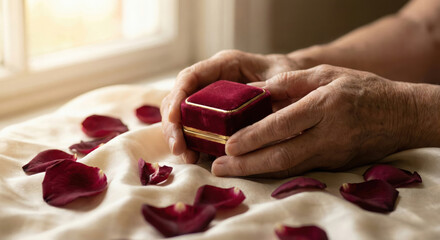 Close-up of elderly hands holding a vintage red velvet jewelry box with rose petals on silk fabric