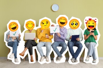 Group of people with happy emoji instead of their heads holding paper sheets with check marks near green wall
