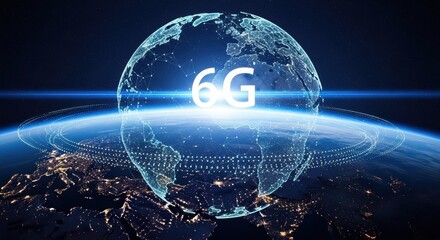 Futuristic Earth globe with glowing digital lights and 6G text representing global network connections.