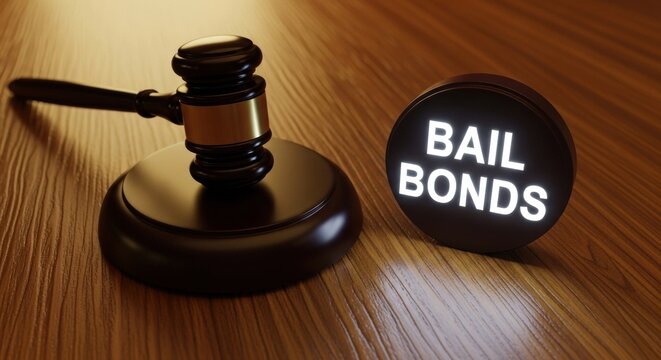 A gavel rests on a wooden desk next to a illuminated sign that reads BAIL BONDS.